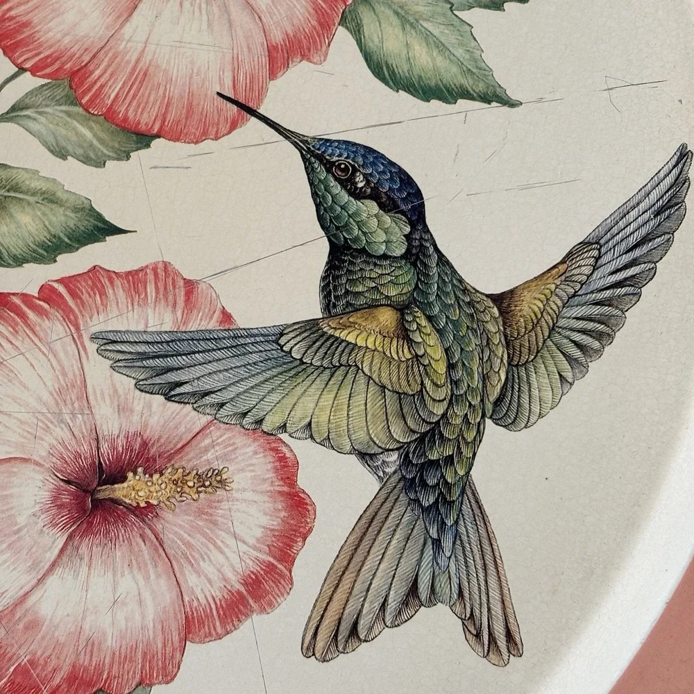 Vintage Potpourri Design Hummingbirds Hibiscus Round Metal Tray 1993 Cottagecore